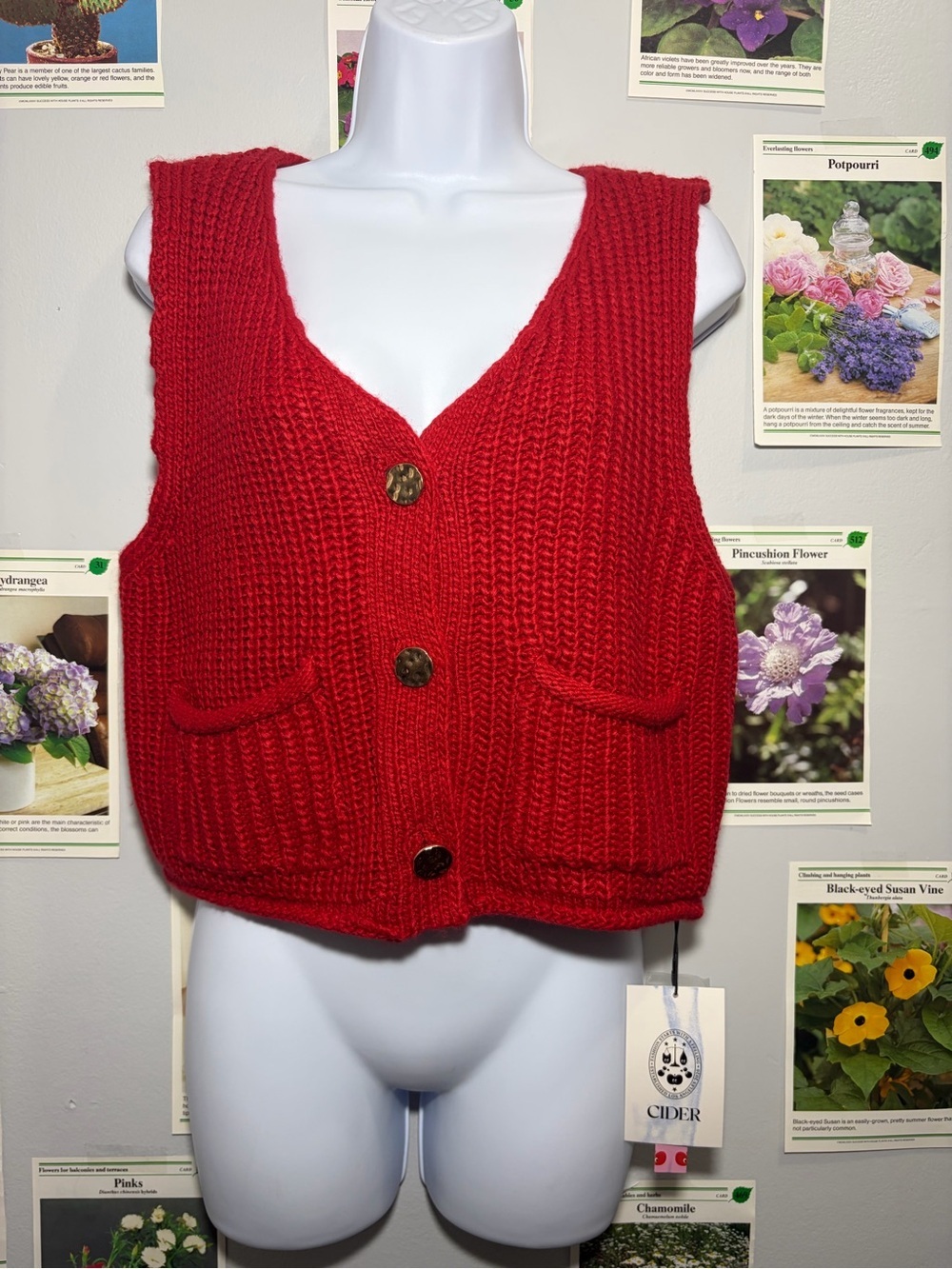 Cider Bold Red Chunky Knit V-Neck Button Vest